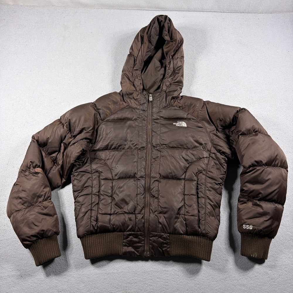 The North Face 550 Down Puffer Jacket Women Medium Brown Hooded Bomber Gorpcore